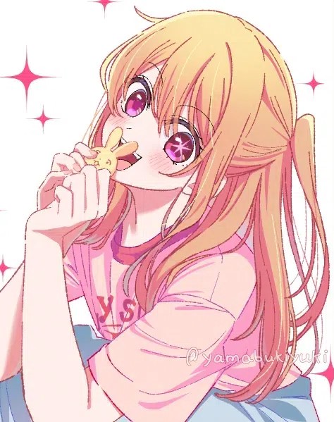 1girl blonde_hair commentary hoshino_ruby long_hair one_eye_closed one_side_up open_mouth oshi_no_ko pink_eyes pink_shirt shirt sidelocks simple_background solo sparkle star-shaped_pupils star_(symbol) symbol-shaped_pupils teeth twitter_username upper_teeth_only white_background yamabukiyuki