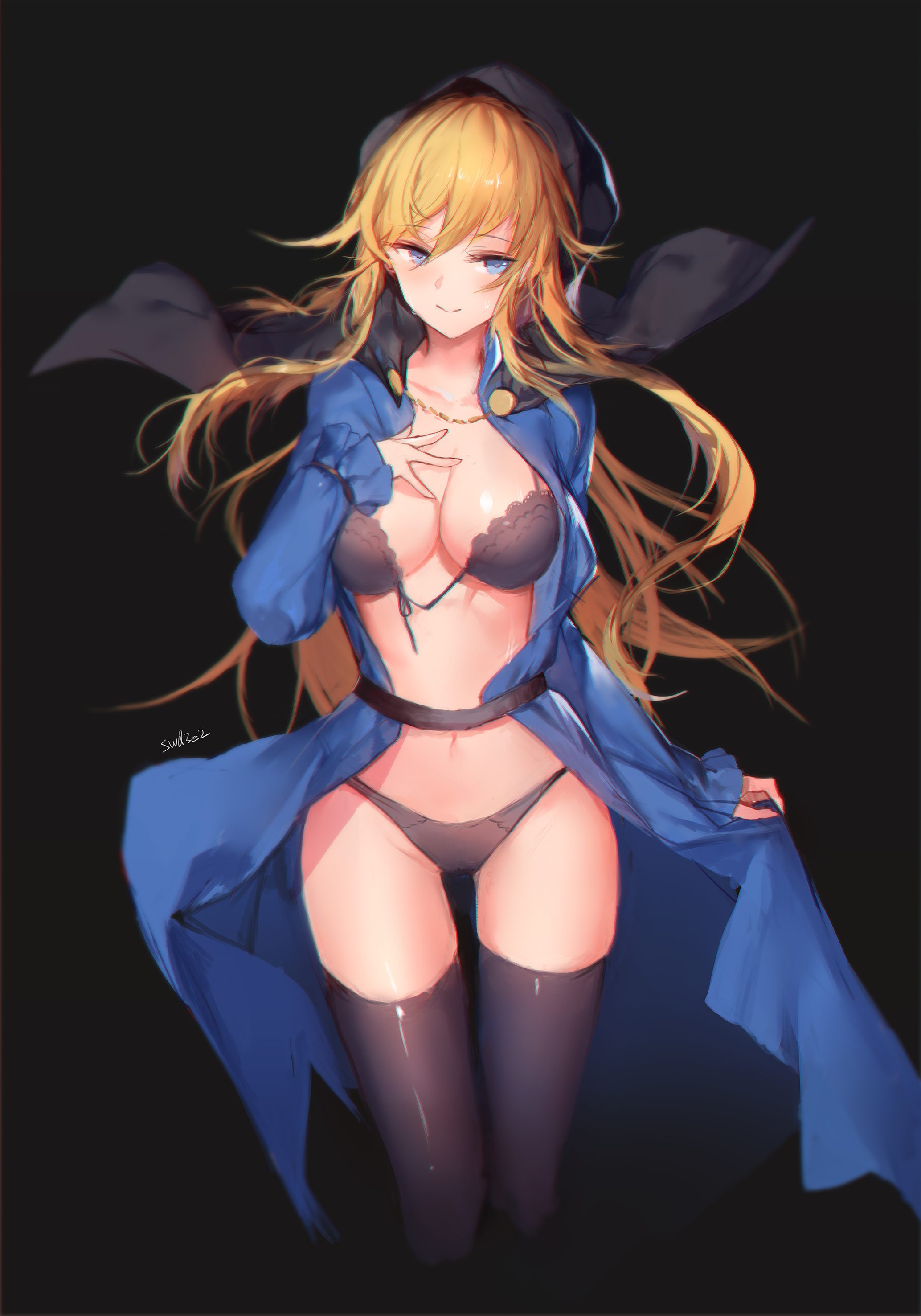 1girl absurdres artist_name belt black_background black_bra black_panties black_thighhighs blonde_hair blue_coat blue_eyes bra breasts cleavage closed_mouth coat cropped_legs female_focus floating_hair front-tie_bra goeniko habit half-closed_eyes hand_on_own_hip hand_up head_tilt highres lace lace-trimmed_bra lace_trim large_breasts long_hair long_sleeves m.u.g.e.n navel nun open_bra open_clothes open_coat panties simple_background sleeves_past_wrists smile solo swd3e2 the_king_of_fighters thighhighs underwear