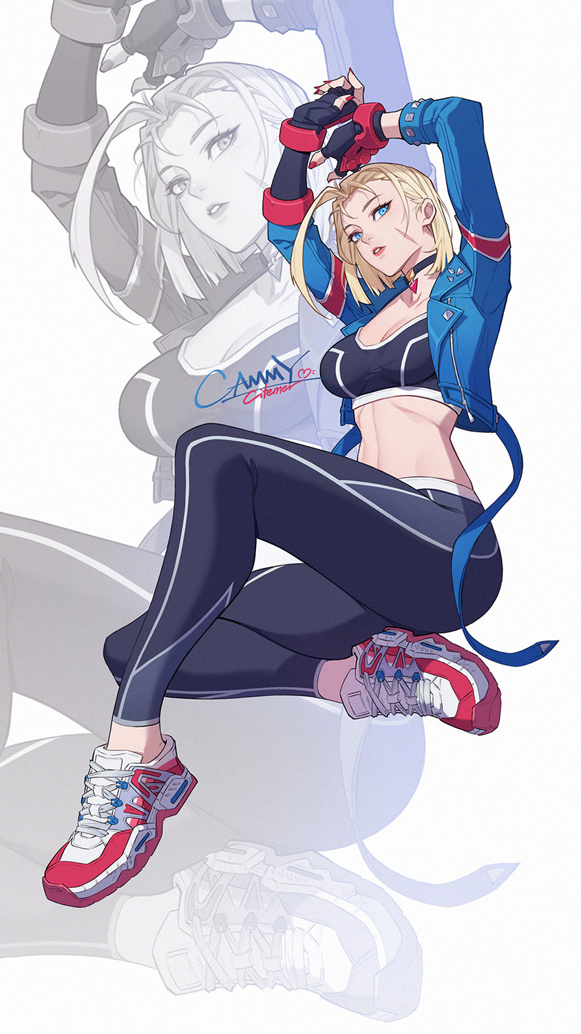 1girl blonde_hair blue_eyes bob_cut breasts cammy_white choker citemer cleavage denim denim_jacket facial_scar fingerless_gloves gloves highres jacket leggings looking_at_viewer medium_breasts midriff nail_polish open_clothes open_jacket pendant_choker red_gloves scar scar_on_cheek scar_on_face shoes simple_background sleeves_rolled_up sneakers sports_bra street_fighter street_fighter_6 white_background