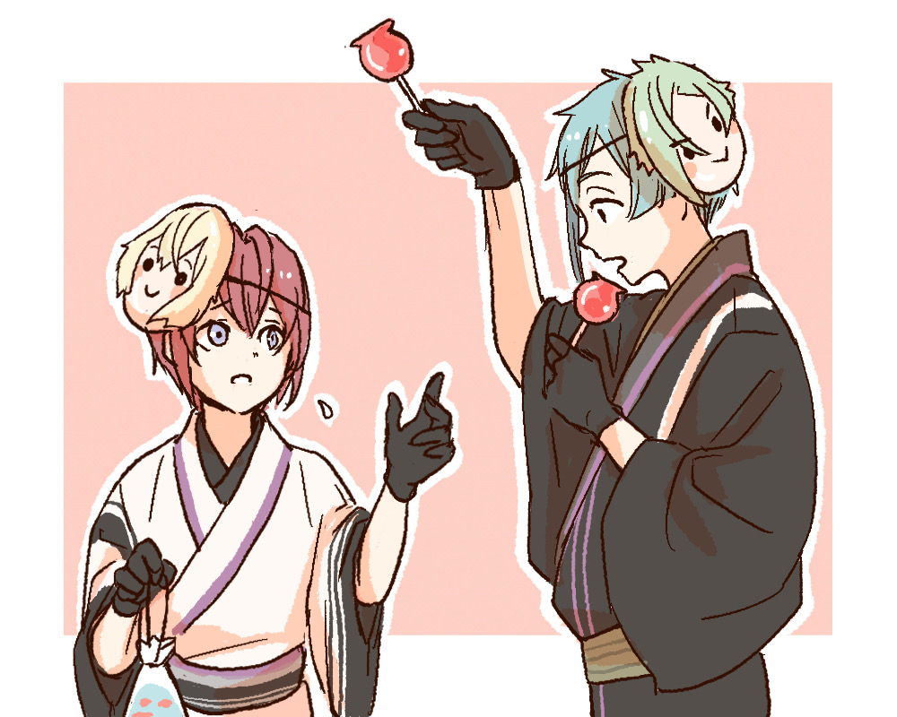 2boys bag bagged_fish black_gloves black_kimono blue_hair candy_apple commentary_request fish floyd_leech food giving gloves higekiri_(touken_ranbu) hizamaru_(touken_ranbu) holding holding_food japanese_clothes kimono looking_at_another male_focus mask mask_on_head multiple_boys pink_background purple_eyes red_hair riddle_rosehearts sharp_teeth short_hair simple_background teeth touken_ranbu translation_request twisted_wonderland voice_actor_connection white_kimono yuuki_(yukko7474)