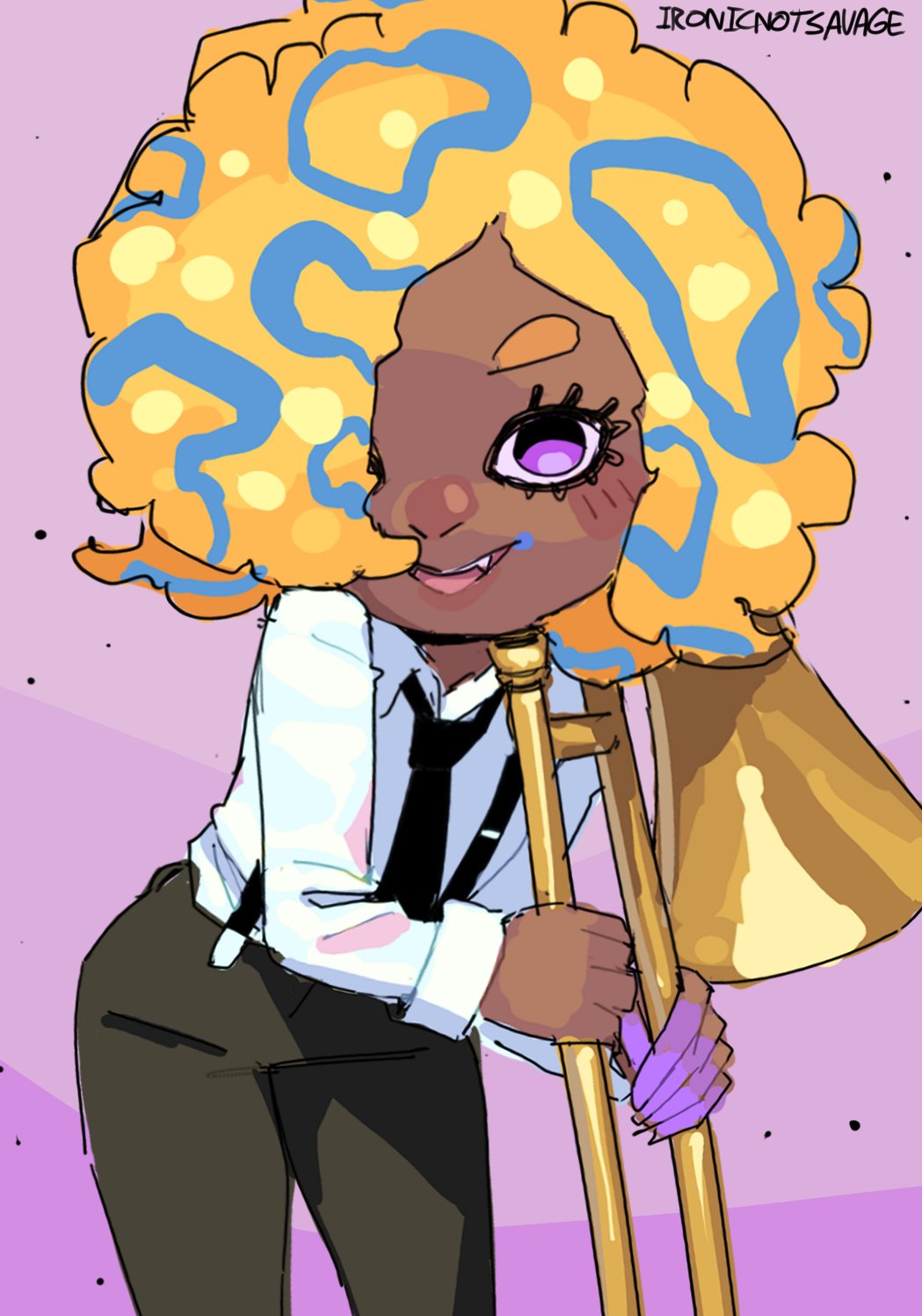 1girl black_necktie black_pants black_suspenders collared_shirt cowboy_shot dark-skinned_female dark_skin highres instrument ironicnotsavage long_sleeves necktie nintendo open_mouth orange_hair pants patterned_hair purple_background shirt shirt_tucked_in signature smile solo splatoon_(series) splatoon_3 tao_blu trombone white_shirt