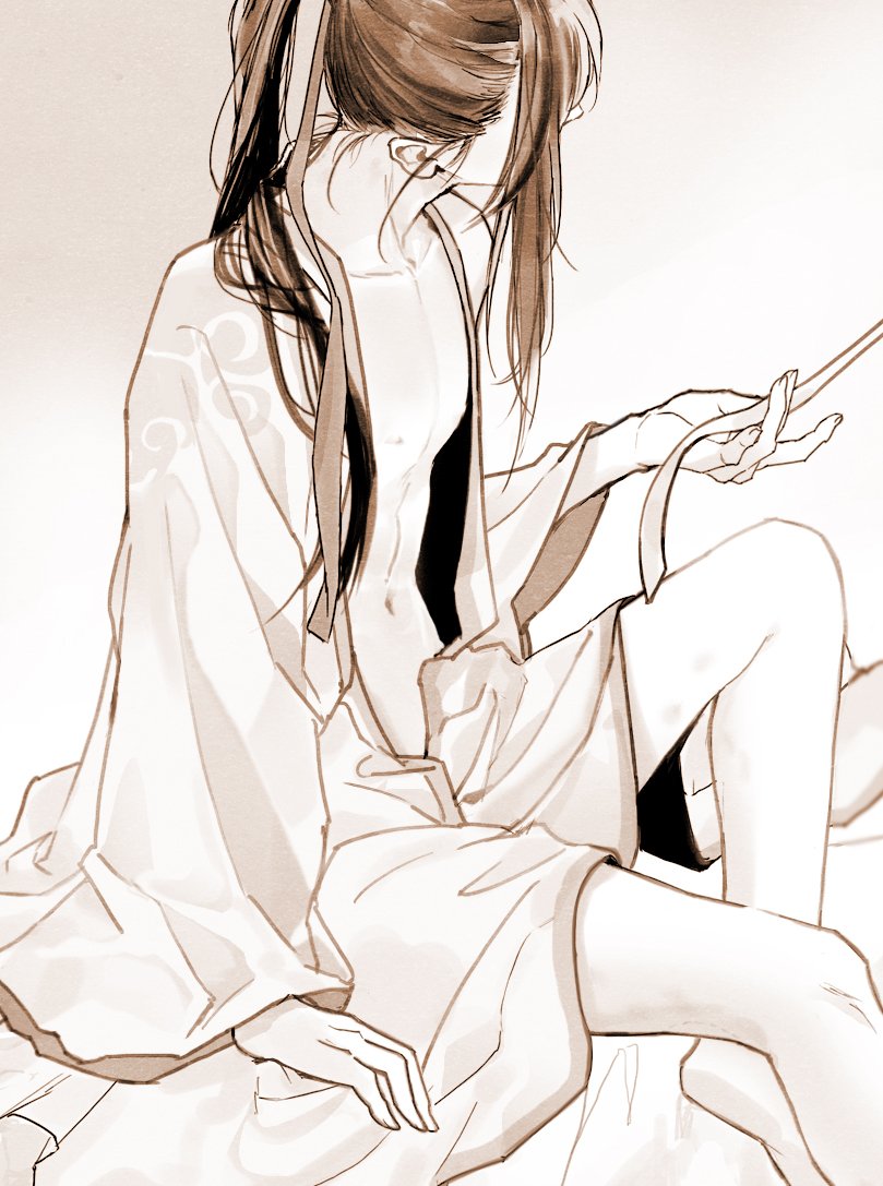 1boy bare_legs barefoot bed_sheet chinese_clothes collarbone facing_away hair_ribbon hanfu hickey holding holding_ribbon implied_yaoi knee_up long_hair long_sleeves male_focus modao_zushi monochrome navel on_bed open_clothes open_robe partially_undressed pectoral_cleavage pectorals ponytail ribbon robe sidelocks sitting solo wei_wuxian wide_sleeves ykmr_(haga)