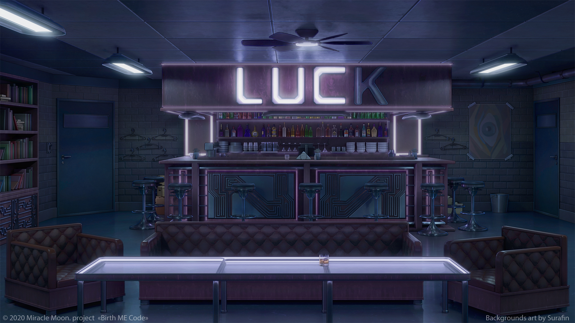 3d bar_(place) bar_stool blonde_hair blue_eyes bookshelf bottle brick brick_wall bucket cabinet ceiling ceiling_fan ceiling_light chair clothes_hanger couch counter cup door door_handle drinking_glass english_text glass glass_table highres indoors interior no_humans original poster_(object) scenery sign stool surafin table tavern tile_ceiling tiles