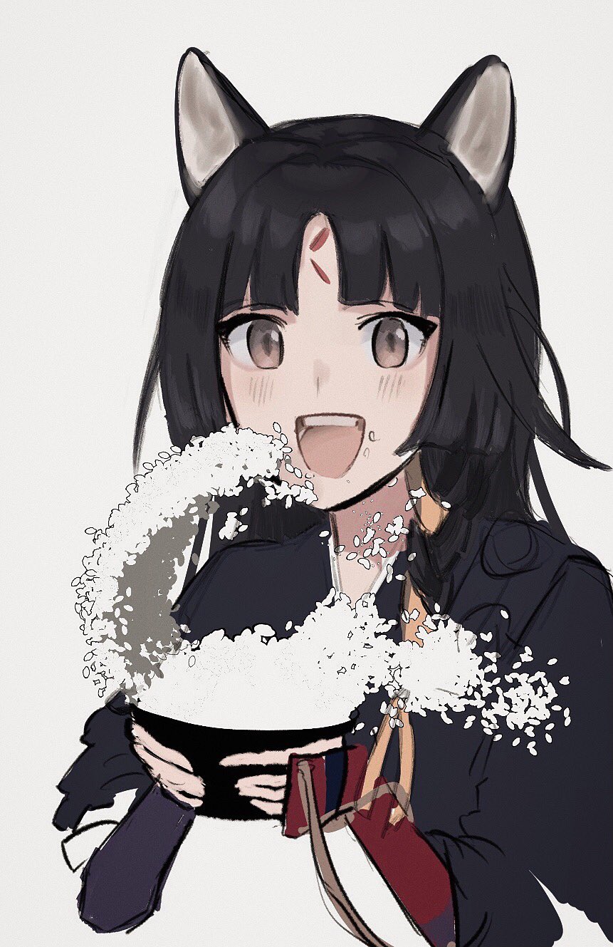 1girl :d animal_ears arknights armor black_hair bowl commentary dog_ears dog_girl forehead grey_eyes highres holding holding_bowl japanese_armor long_hair looking_at_viewer o_eeee_o open_mouth rice saga_(arknights) simple_background smile solo symbol-only_commentary teeth upper_body upper_teeth_only white_background