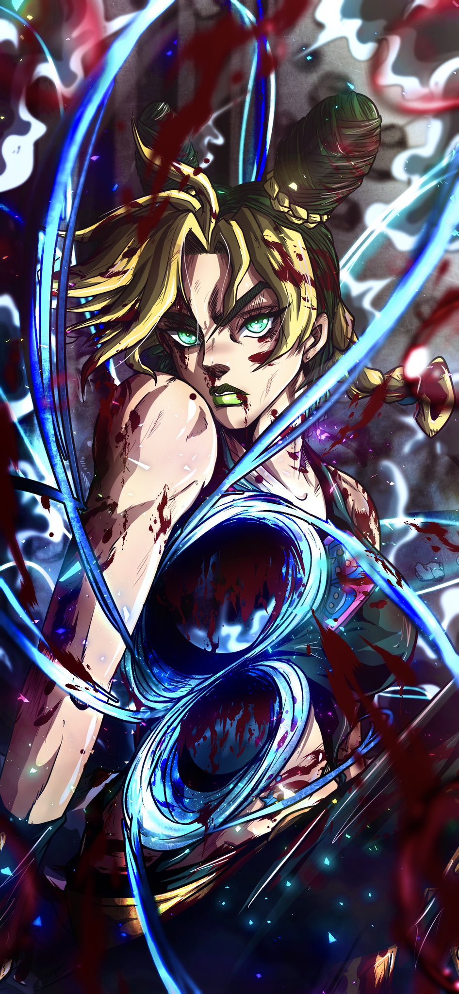 1girl blonde_hair blood blood_from_mouth blood_on_face braid breasts double_bun earrings green_eyes green_hair green_lips green_shirt hair_bun highres jewelry jojo_no_kimyou_na_bouken kuujou_jolyne mebius_brace medium_breasts multicolored_hair noonvincent shirt single_braid sleeveless stone_free stone_ocean string two-tone_hair