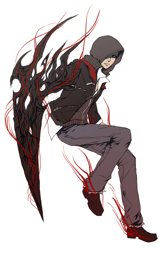 1boy alex_mercer aura black_jacket blade blue_eyes bright_pupils brown_hoodie closed_mouth dark_aura hood hood_up hoodie jacket male_focus open_clothes open_jacket prototype_(game) royalcat shaded_face simple_background solo torn torn_clothes weapon white_background white_pupils zipper zipper_pull_tab