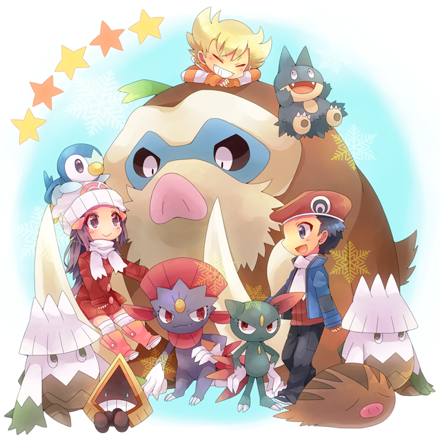 1girl 2boys barry_(pokemon) black_hair black_pants blonde_hair coat fangs game_freak gen_2_pokemon gen_3_pokemon gen_4_pokemon grin hat long_sleeves lucas_(pokemon) mamoswine multiple_boys munchlax nintendo pants piplup pokemon pokemon_(creature) pokemon_dppt pokemon_platinum red_coat red_hat scarf shirt shooting428star short_hair smile sneasel snorunt snover star_(symbol) striped_clothes striped_shirt swinub weavile white_hat white_scarf