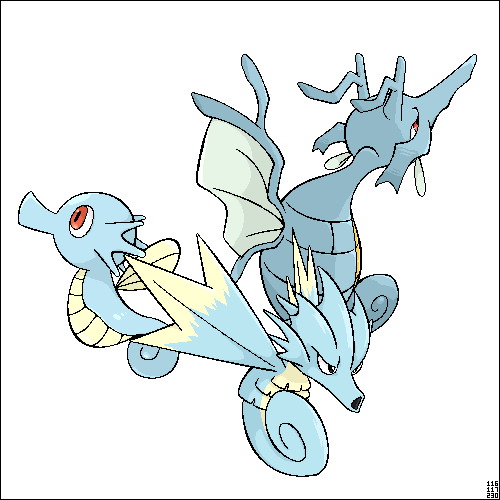 :o artist_request black_eyes evolutionary_line full_body gen_1_pokemon gen_2_pokemon horsea kingdra looking_to_the_side nintendo no_humans pokemon pokemon_(creature) red_eyes scales seadra