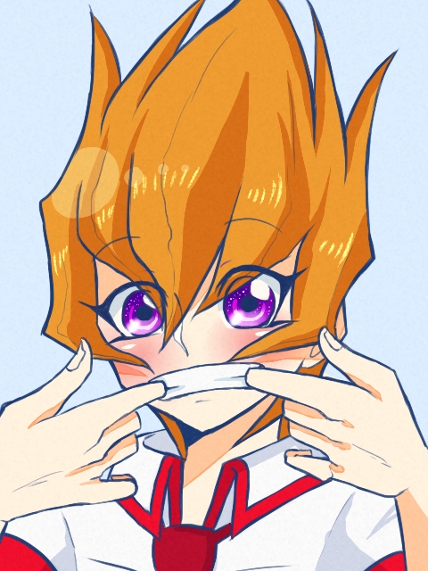 1boy blush clenched_teeth happy male_focus orange_hair purple_eyes shingetsu_rei shirt shueisha simple_background solo teeth vector_(yu-gi-oh!) white_shirt yu-gi-oh!