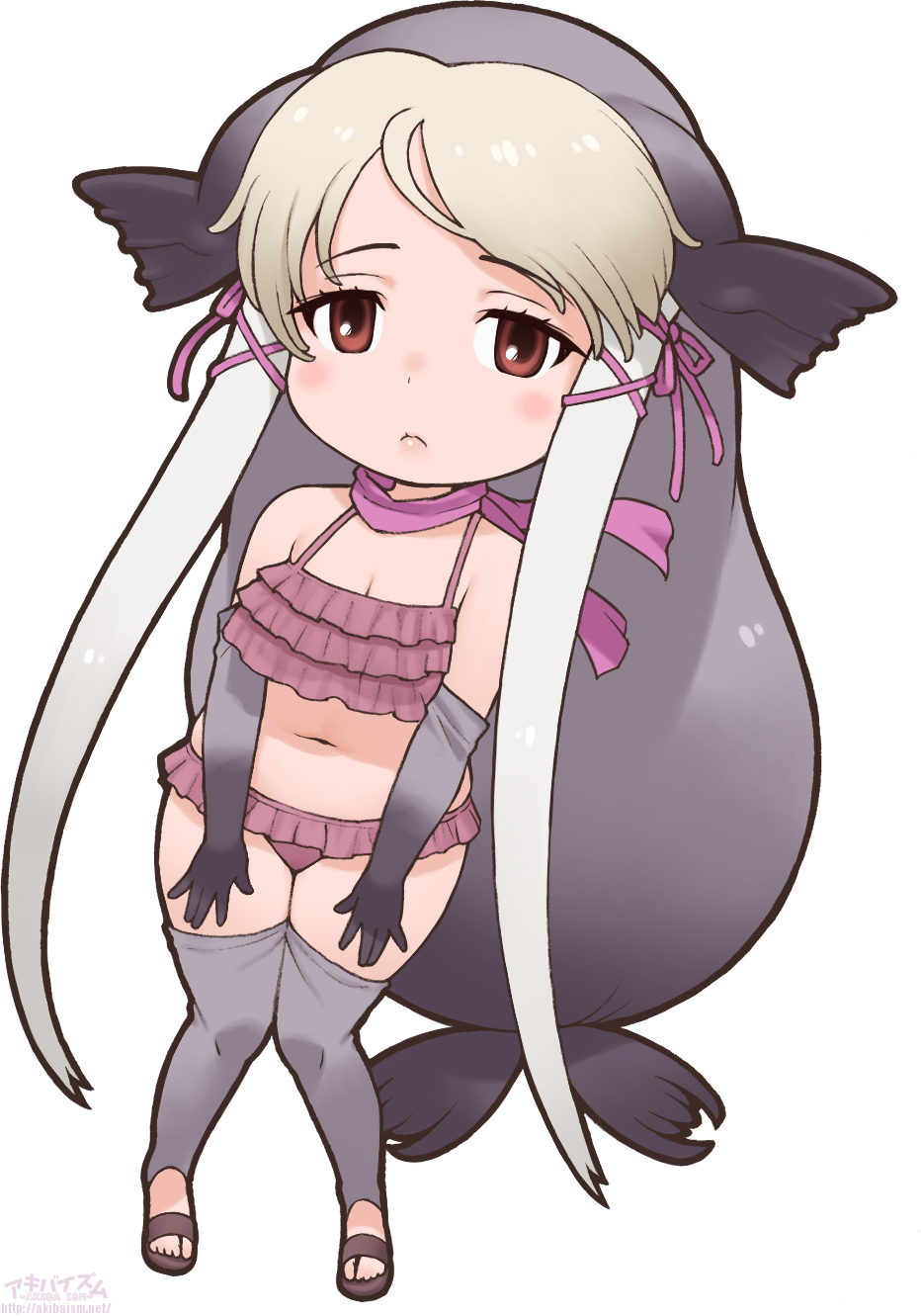 1girl elbow_gloves gloves grey_hair highres kemono_friends long_hair looking_at_viewer official_art red_eyes ribbon simple_background solo tachi-e walrus_(kemono_friends) yoshizaki_mine