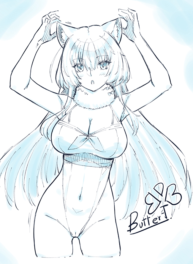 1girl animal_ears blue_theme breasts butter-t cameltoe cleavage commentary_request covered_navel cropped_legs fur_collar greyscale highleg highleg_one-piece_swimsuit indie_virtual_youtuber kaede_hiyori large_breasts long_hair monochrome one-piece_swimsuit sidelocks signature solo swimsuit thai_commentary very_long_hair virtual_youtuber