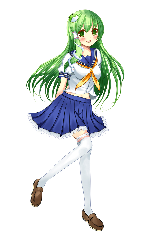 1girl alternate_costume blush female_focus frog_hair_ornament green_eyes green_hair hair_ornament kochiya_sanae long_hair matching_hair/eyes navel open_mouth puffy_sleeves school_uniform serafuku short_sleeves snake_hair_ornament solo tomo_(uguisu-tei) touhou white_background