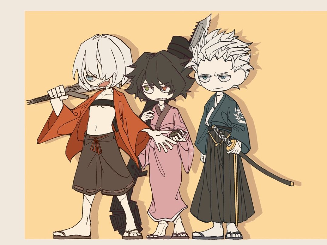 1girl 2boys black_hair black_hakama black_shorts blue_eyes cosplay dante_(devil_may_cry) devil_may_cry devil_may_cry_(series) devil_may_cry_3 explosive fuu_(samurai_champloo) fuu_(samurai_champloo)_(cosplay) green_eyes grenade hair_over_one_eye hakama heterochromia holding holding_grenade holding_rocket_launcher holding_sword holding_weapon japanese_clothes jinnosuke jinnosuke_(cosplay) kalina_ann_(weapon) kimono lady_(devil_may_cry) mugen_(samurai_champloo) mugen_(samurai_champloo)_(cosplay) multiple_boys muzhi_no navel no_shirt orange_background rebellion_(sword) red_eyes rocket_launcher samurai_champloo shorts simple_background sword vergil_(devil_may_cry) weapon white_hair yamato_(sword)