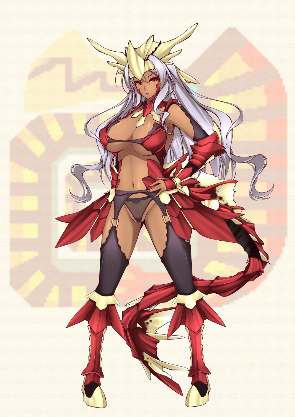 1girl agnaktor breasts capcom dark-skinned_female dark_skin dean_(momodean) female_focus garter_straps hand_on_own_hip highres large_breasts long_hair monster_hunter_(series) navel personification red_eyes silver_hair solo toned toned_female very_long_hair