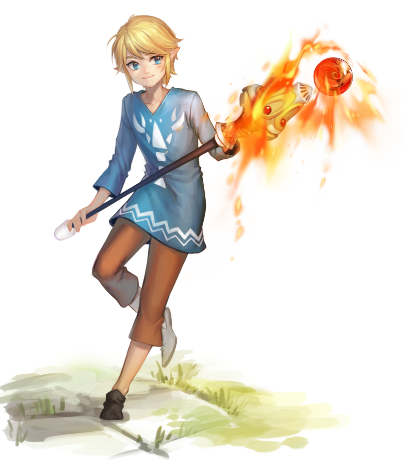 1boy animal_print blonde_hair blue_eyes blue_tunic brown_pants commentary_request fire full_body grass holding link male_focus nintendo official_alternate_costume pants pointy_ears smile solo staff the_legend_of_zelda the_legend_of_zelda:_the_wind_waker tonykun toon_link tunic weapon white_background