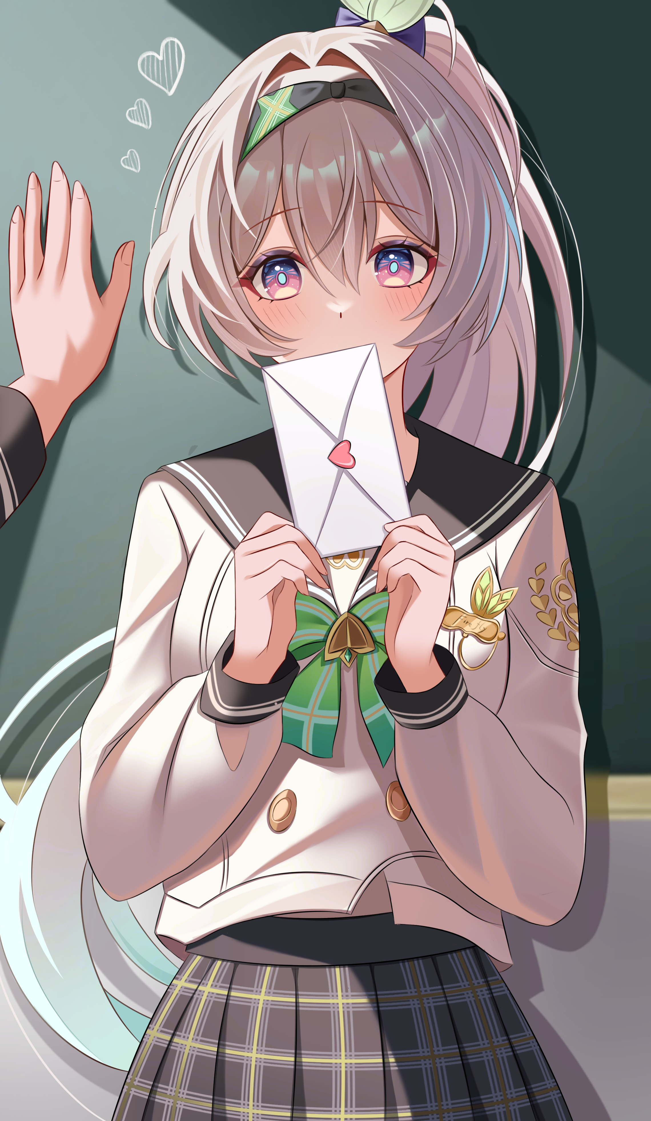 1other absurdres alternate_hairstyle black_bow black_hairband black_sailor_collar blue_eyes blue_pupils blush bow bowtie breasts buttons chalkboard commentary double-breasted envelope firefly_(honkai:_star_rail) firefly_(spring_missive)_(honkai:_star_rail) gradient_hair green_bow green_bowtie green_hair grey_hair grey_skirt hair_between_eyes hair_bow hair_intakes hairband highres holding holding_envelope honkai:_star_rail honkai_(series) kabedon kenomotsu_yukuwa letter long_hair long_sleeves looking_at_viewer love_letter medium_breasts multicolored_eyes multicolored_hair plaid_clothes plaid_skirt ponytail pov pov_hands purple_eyes sailor_collar school_uniform serafuku shirt skirt two-tone_eyes very_long_hair white_shirt