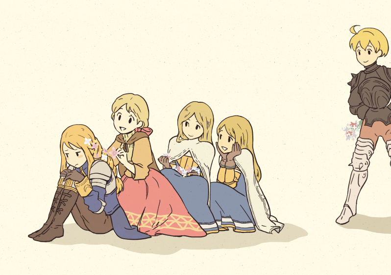 1boy :/ :d agrias_oaks ahoge alicia_(fft) alma_beoulve annoyed armor armored_boots aruma_(shinrabanshou) bad_id bad_pixiv_id beige_background blonde_hair boots bouquet braid breastplate breasts brown_gloves cape final_fantasy final_fantasy_tactics flower gauntlets gloves hairdressing head_rest holding holding_behind_back kappe knee_boots knight lavian long_hair multiple_girls open_mouth ramza_beoulve shoulder_pads simple_background single_braid smile stamp thigh_boots thighhighs yellow_background