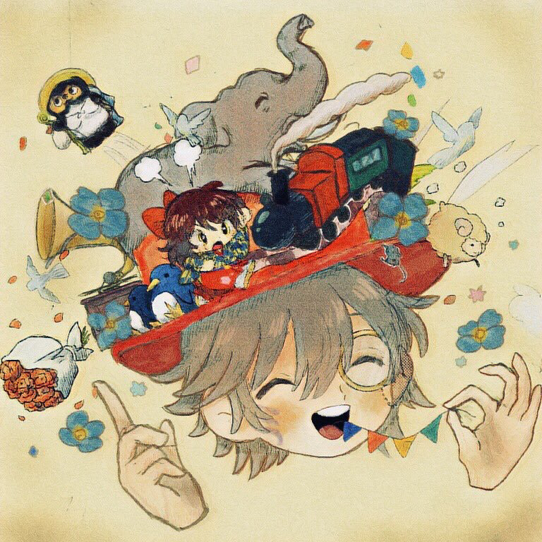 1boy 1girl ^_^ annoyed arm_up ayazuki_mei bird black_eyes blue_flower blue_kimono blue_sleeves blush_stickers bouquet bow brown_hair charlie_(meiji_tokyo_renka) checkered_clothes checkered_kimono checkered_sleeves chibi clenched_hand closed_eyes commentary_request confetti disembodied_hand dove elephant flower full_body garland_(decoration) grey_hair hair_bow hakama hakama_pants hat head_only holding japanese_clothes kimono long_sleeves meiji_tokyo_renka monochrome mouse_(animal) open_mouth outstretched_arm pants phonograph pointing pointing_up puff_of_air red_bow red_flower red_hakama red_hat red_rose rose round_eyewear sandals sheep short_hair short_kimono simple_background smile socks stuffed_animal stuffed_penguin stuffed_toy sugi_haeru sweatdrop teeth top_hat toy_train two-tone_kimono two-tone_sleeves upper_teeth_only v-shaped_eyebrows white_socks wide_sleeves yellow-framed_eyewear yellow_background yellow_kimono yellow_sandals yellow_sleeves zouri