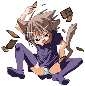 1girl 2channel angry animal_ears arm_up bad_source black_eyes blush_stickers card cat_ears cat_girl cat_tail commentary_request dress fang grey_hair grey_tail holding holding_card lowres magic:_the_gathering maso_(ascii_art) open_mouth panties pantyshot purple_dress purple_thighhighs ripping short_hair short_sleeves simple_background sitting solo striped_clothes striped_panties tail thighhighs underwear v-shaped_eyebrows white_background