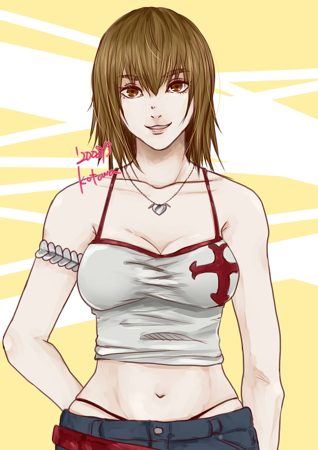 1girl breasts brown_eyes brown_hair collarbone denim denim_shorts elie elie_(rave) jewelry kotowa4010 looking_at_viewer medium_breasts midriff navel necklace rave_(manga) short_hair shorts smile solo tank_top thong toned whale_tail_(clothing)