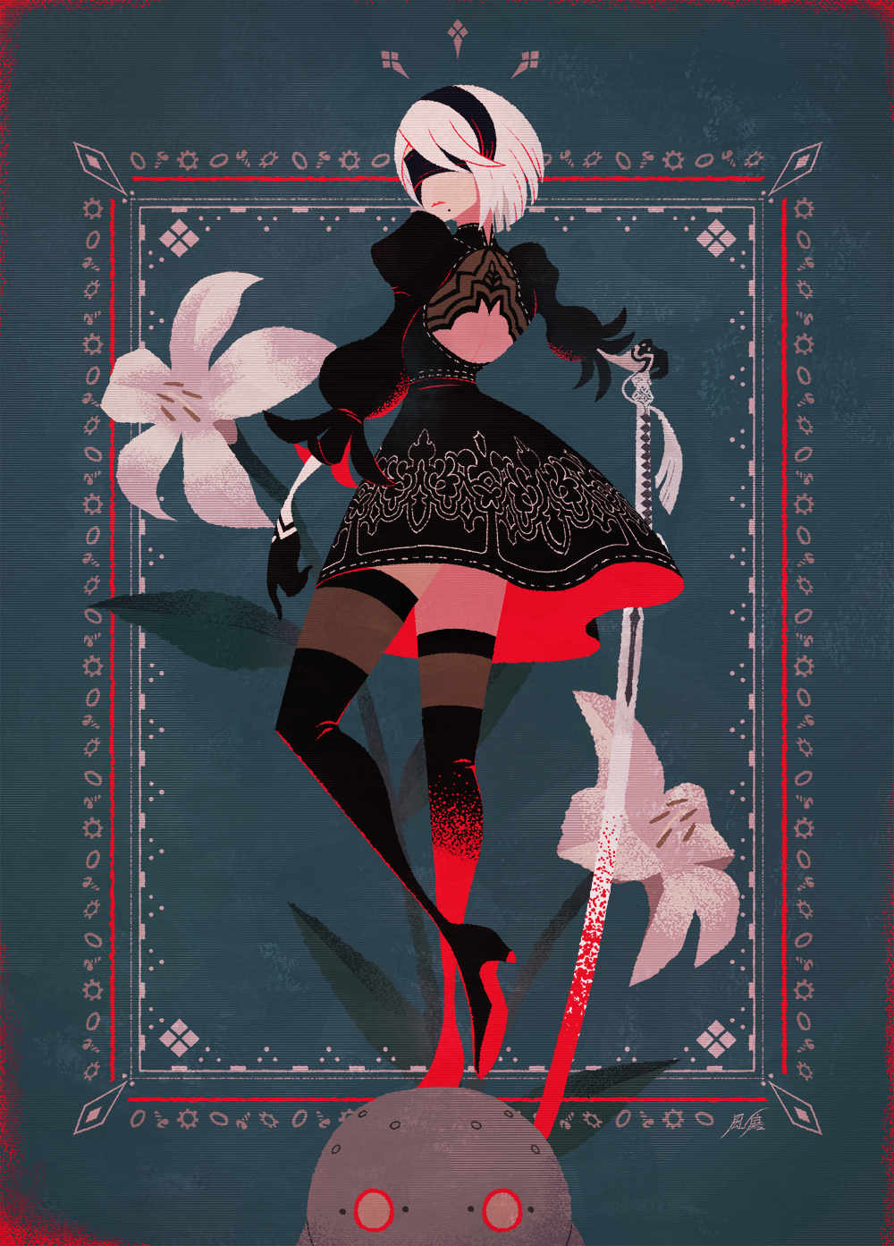 1girl 2b_(nier:automata) black_boots black_dress black_gloves black_hairband black_thighhighs blindfold blood blood_on_clothes bloody_weapon blue_background boots border closed_mouth covered_eyes dress flower foot_out_of_frame frilled_sleeves frills full_body gloves grey_hair hairband hand_on_hilt high_heel_boots high_heels highres holding holding_sword holding_weapon juliet_sleeves katana long_sleeves machine_(nier) mole mole_under_mouth namiki_kazama nier:automata nier_(series) ornate_border puffy_sleeves robot short_hair signature solo sword thighhighs weapon