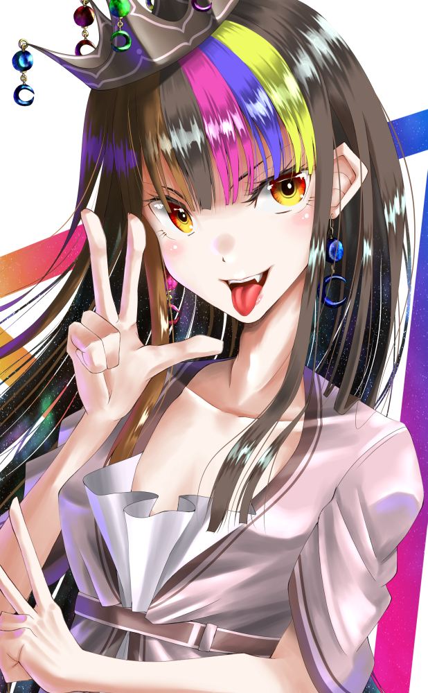 1girl brown_eyes brown_hair commentary crown dress earrings fang galaco galaco_(neo) hand_up haya_shuu jewelry long_hair multicolored_hair open_mouth pink_dress smile solo streaked_hair tongue tongue_out tsurime upper_body vocaloid w white_background
