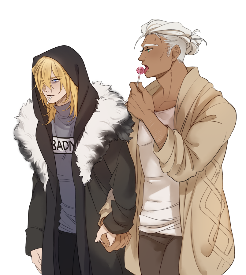 2boys arm_hair arm_up black_fur black_hoodie black_pants blonde_hair blue_eyes blue_shirt brown_coat candy coat collarbone collared_shirt commentary contemporary couple cowboy_shot dark-skinned_male dark_skin dedue_molinaro dedue_molinaro_(timeskip) dimitri_alexandre_blaiddyd english_commentary fire_emblem fire_emblem:_three_houses food fur-trimmed_hoodie fur_trim green_eyes hair_over_one_eye holding holding_candy holding_food holding_hands hood hood_up hoodie interlocked_fingers interracial layered_clothes lollipop long_hair long_sleeves looking_ahead male_focus multiple_boys nintendo open_clothes open_coat open_mouth pants ponytail print_shirt ruebird shirt short_ponytail simple_background sleeves_past_wrists tongue tongue_out undershirt white_background white_fur white_hair white_shirt yaoi