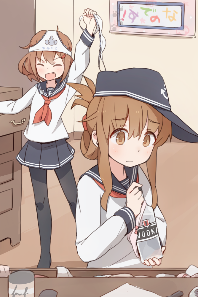 10s 2girls alcohol animal_print arm_up bad_id bad_pixiv_id black_legwear bottle bra brown_eyes brown_hair closed_eyes clothes_theft coupon_(skyth) drawer elephant fang folded_ponytail hair_ornament hairclip hat holding ikazuchi_(kancolle) inazuma_(kancolle) kantai_collection long_hair multiple_girls nanodesu_(phrase) object_on_head open_mouth panties panties_on_head pantyhose print_panties school_uniform serafuku shirt short_hair skirt smile theft underwear underwear_drawer underwear_theft vodka