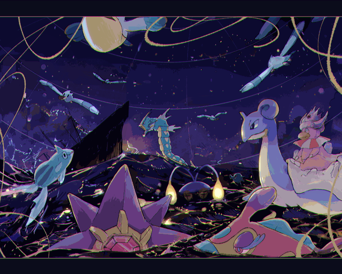 awai_(pixiv29777040) bruxish chinchou gen_1_pokemon gen_2_pokemon gen_3_pokemon gen_7_pokemon gyarados horsea lapras nintendo no_humans ocean pokemon pokemon_(creature) purple_sky remoraid ship sinking sky slowking starmie watercraft waves