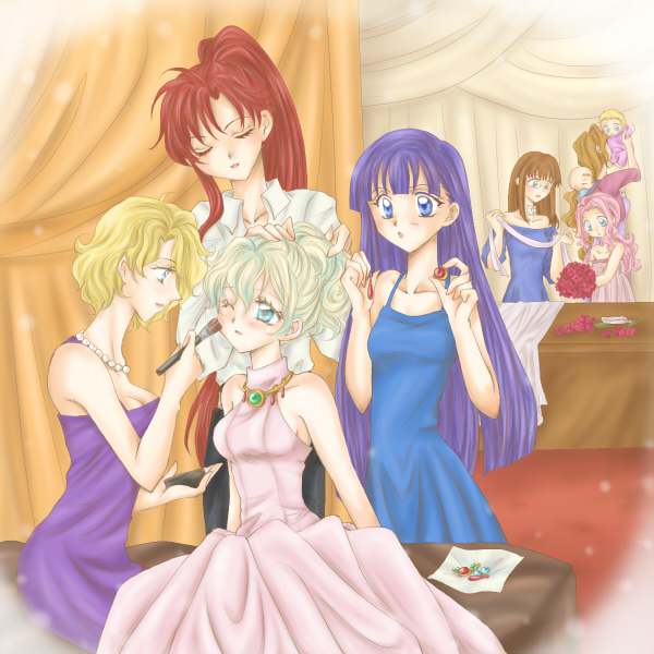 00s 6+girls alternate_costume anne_(ttgl) baby bare_shoulders blonde_hair blue_eyes brown_hair chestnut_(artist) darry_adai dress earrings closed_eyes flower formal_clothes jewelry kinon_bachika kiyal_bachika kiyoh_bachika leite_jokin makeup makeup_brush multicolored_hair multiple_girls nia_teppelin pink_hair ponytail purple_hair red_hair tengen_toppa_gurren_lagann two-tone_hair wedding_dress yoko_littner