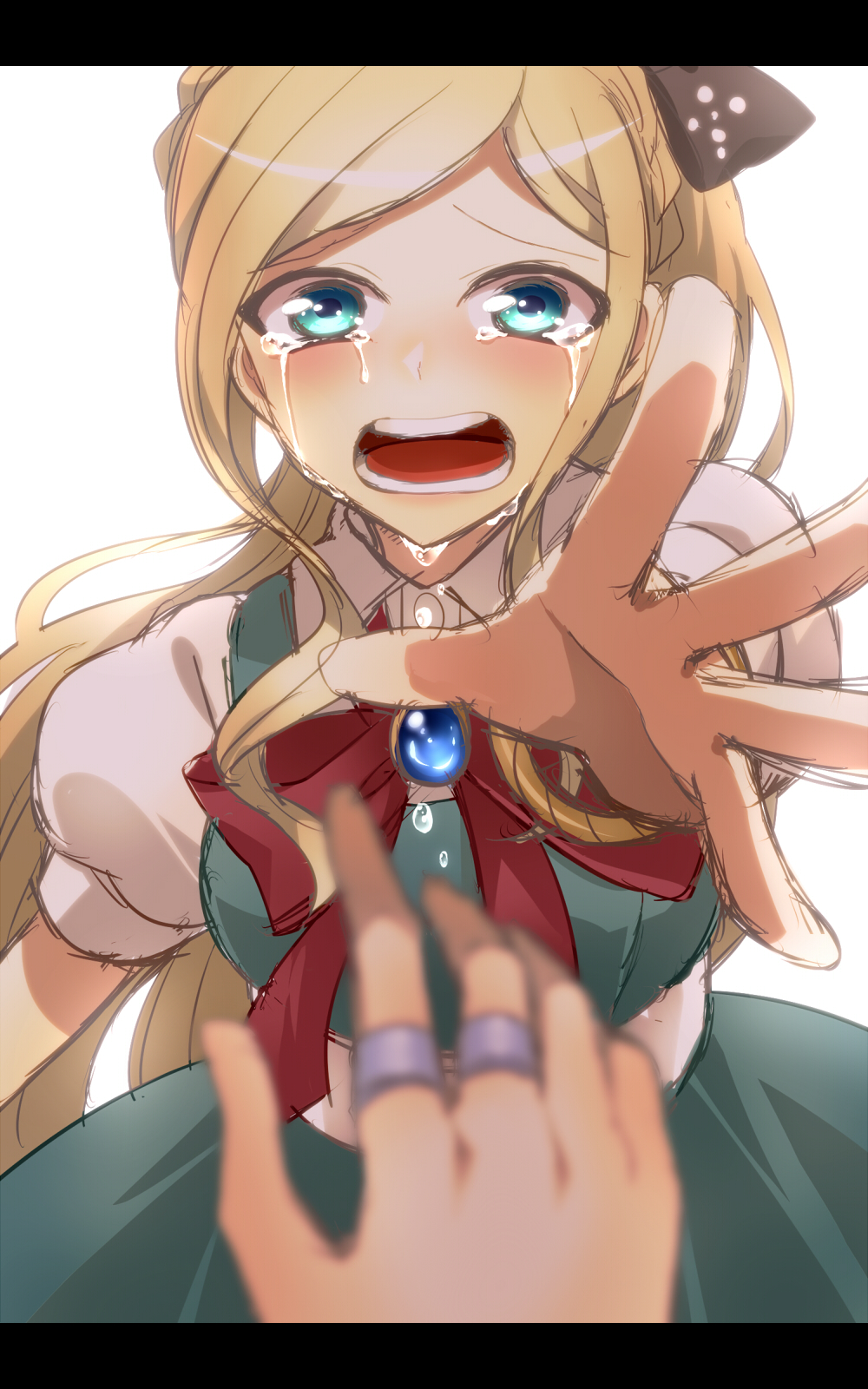 10s 1girl amamiya_hisui backlighting bad_id bad_pixiv_id blonde_hair bow braid chuunibyou crying danganronpa_(series) danganronpa_2:_goodbye_despair dress hair_bow highres jewelry letterboxed long_hair open_mouth outstretched_hand ponytail ribbon ring solo_focus sonia_nevermind spoilers tanaka_gundham tanaka_gundam tears
