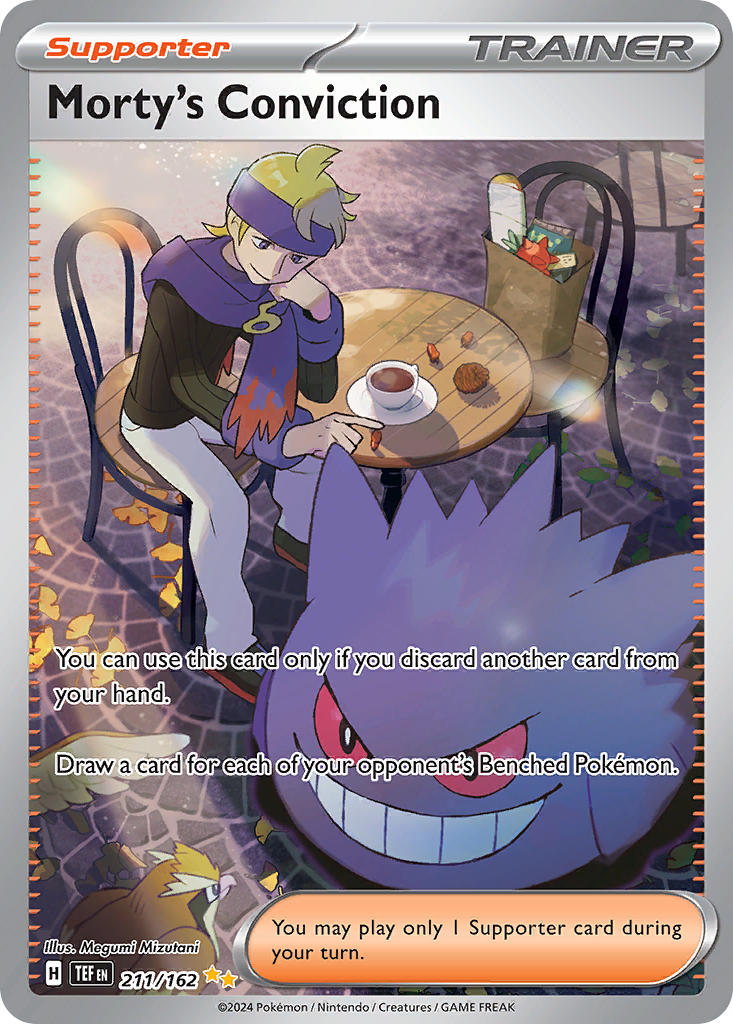 1boy artist_name bag berry_(pokemon) bird black_shoes black_sweater blonde_hair card_(medium) chair character_name closed_mouth company_name copyright_name copyright_notice cup drink english_text gen_1_pokemon gengar grin headband leaf long_sleeves male_focus mizutani_megumi morty_(pokemon) nintendo official_art pants paper_bag pidgey plate pokemon pokemon_card pokemon_hgss pokemon_tcg purple_eyes purple_headband purple_scarf scarf shoes short_hair sitting smile sunlight sweater table tamato_berry teacup teeth third-party_source trading_card white_pants