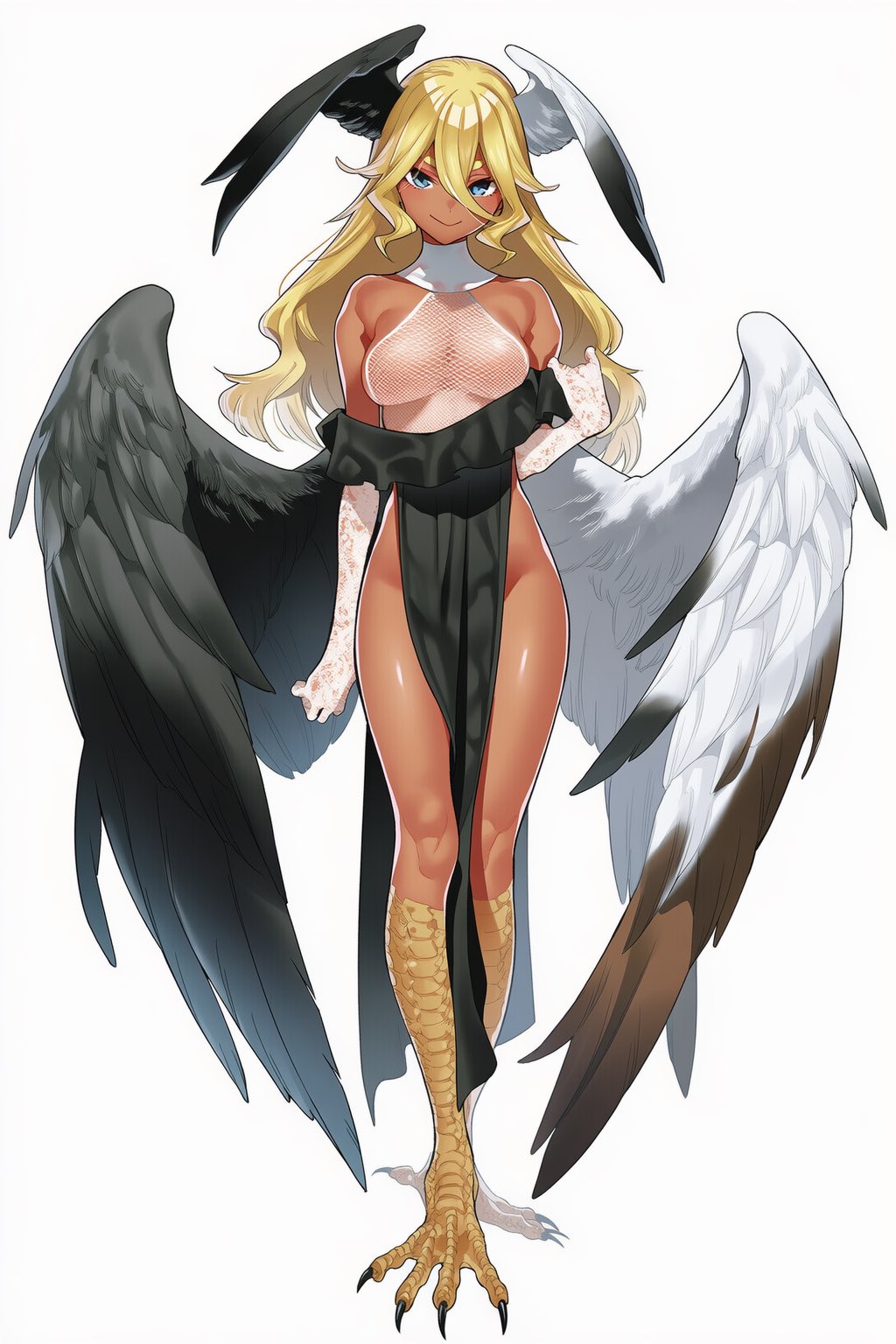 1girl asymmetrical_wings bare_shoulders black_dress black_feathers black_wings blonde_hair blue_eyes bottomless breasts brown_feathers claws closed_mouth commentary_request dark-skinned_female dark_skin dot_nose double-parted_bangs dress elbow_gloves feathered_wings feathers fishnet_leotard fishnets full_body gloves hair_between_eyes harpy head_wings highres legs_together leotard long_hair looking_at_viewer low_wings medium_breasts monster_girl off_shoulder original oversized_wings rose_rnk_exia shadow simple_background smile solo standing thick_eyebrows v-shaped_eyebrows white_background white_feathers white_wings wings
