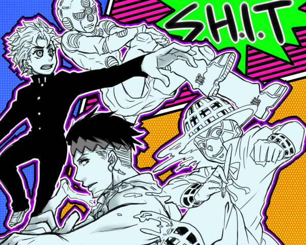 2boys black_hair blonde_hair earrings echoes_(stand) echoes_act3 gakuran headband heaven&#039;s_door hirose_koichi jewelry jojo_no_kimyou_na_bouken kishibe_rohan midriff multiple_boys open_mouth outstretched_arm pra_(dogfightdog) profanity school_uniform short_hair smile stand_(jojo)