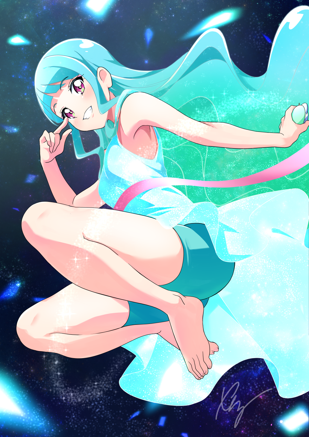 1girl aqua_hair aqua_shorts artist_name bare_legs barefoot bike_shorts commentary cure_lillian dress floating glowing glowing_dress grin highres holding legs legs_up long_hair looking_at_viewer medium_dress nekoyashiki_mayu pink_sash precure purple_eyes sash shiny_cats_pact shorts signature sleeveless sleeveless_dress smile solo tirofinire transformation very_long_hair white_dress wonderful_precure!