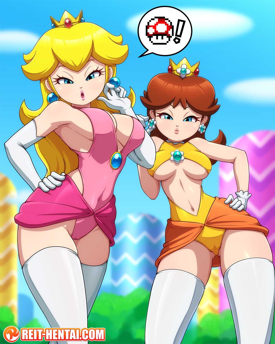 2girls :o armpits artist_logo blonde_hair blue_eyes blurry blurry_background breasts brooch brown_hair bush cameltoe cleavage cloud commentary covered_navel crotch crown earrings elbow_gloves flower_earrings from_below gloves gluteal_fold half-closed_eyes hand_on_own_ear hand_on_own_hip highleg highleg_leotard highres hill jewelry large_breasts leotard lips logo long_hair mario_(series) midriff multiple_girls narrowed_eyes navel nintendo open_mouth paid_reward_available parted_lips pink_leotard pink_lips princess_daisy princess_peach reit sky speech_bubble super_mario_bros._1 super_mario_land super_mushroom thigh_gap thighhighs thighs touching_ears underboob upskirt watermark web_address white_thighhighs zettai_ryouiki