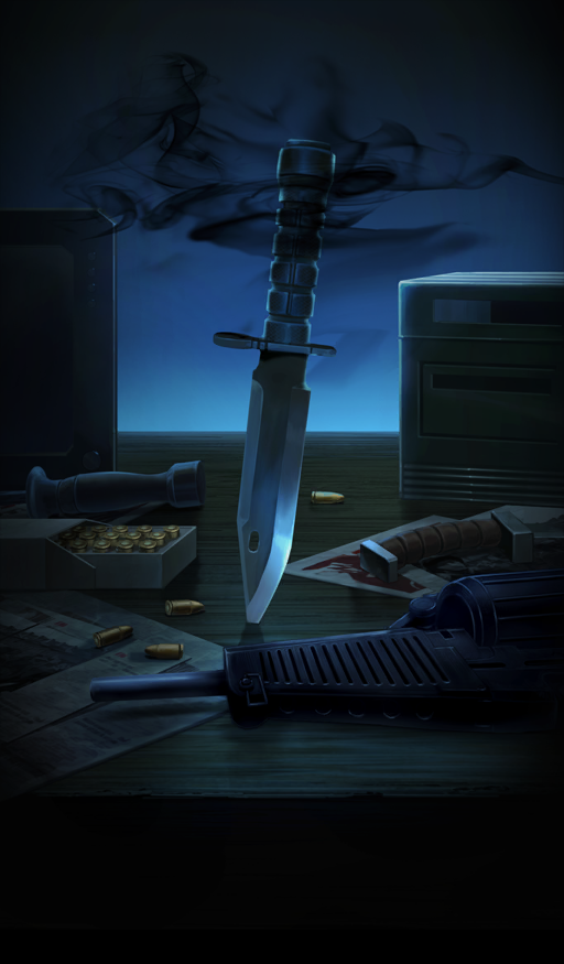 9x19mm_parabellum ammunition bayonet blue_background bullet calico_m950 calico_m950a commentary dagger fate/grand_order fate_(series) gun handgun handgun_cartridge helical_magazine high-capacity_magazine knife lasengle no_humans official_art phantasm_punishment_(fate) pistol pistol_cartridge planted smoke still_life submachine_gun third-party_source weapon weapon_focus
