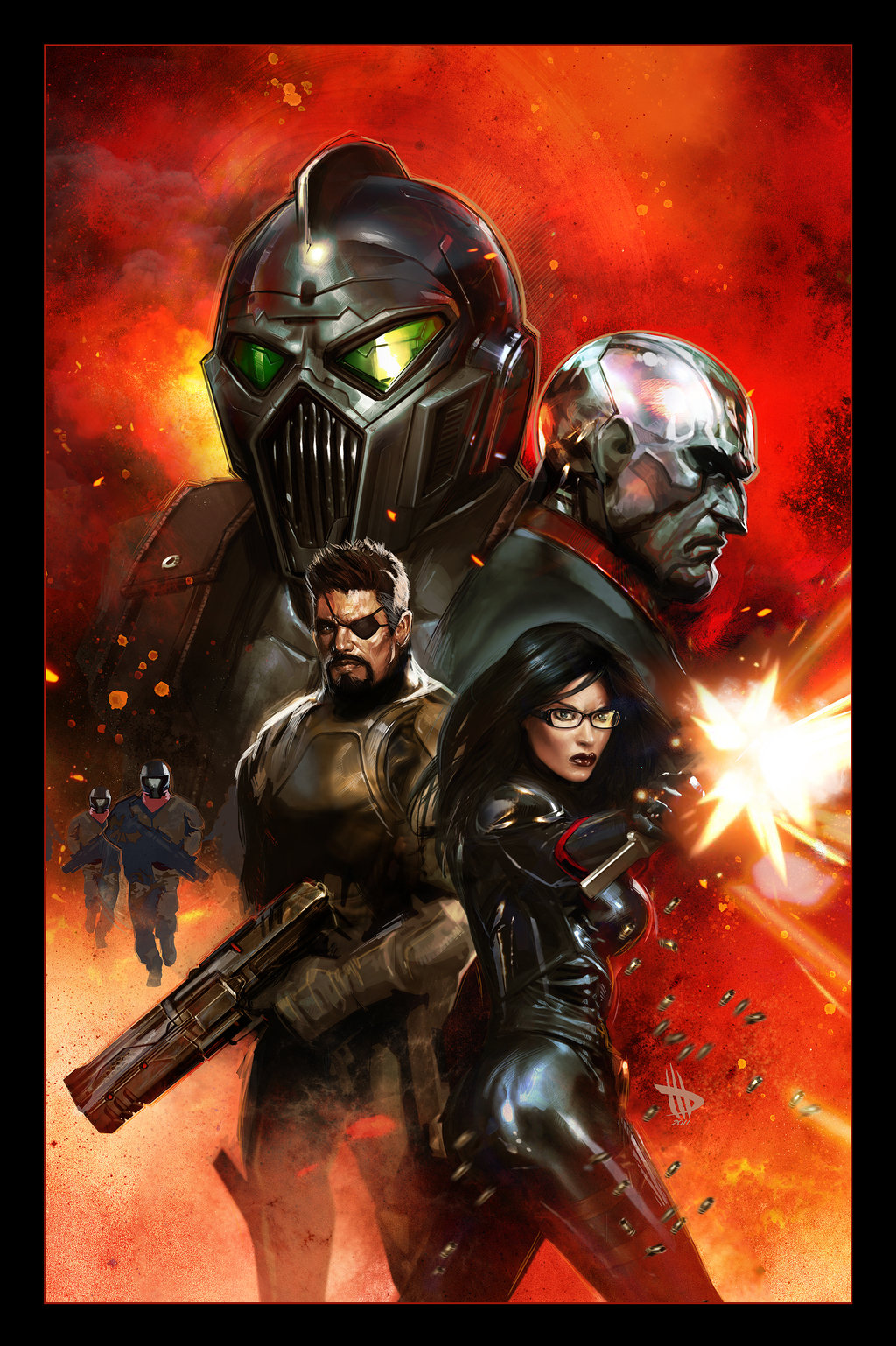 10s 1girl 2011 5boys armor ass assault_rifle baroness_(g.i._joe) beam_rifle beard black_bodysuit black_hair blue_eyes bodysuit boots breasts character_request cobra_commander cobra_viper dave_wilkins destro energy_gun eyepatch facial_hair fire firing g.i._joe glasses gloves gun handgun helmet highres lips long_hair looking_at_viewer looking_back mac-10/11 major_bludd manly mask military military_uniform multiple_boys realistic redesign rifle science_fiction serious shell_casing signature soldier submachine_gun terrorist vest visor weapon