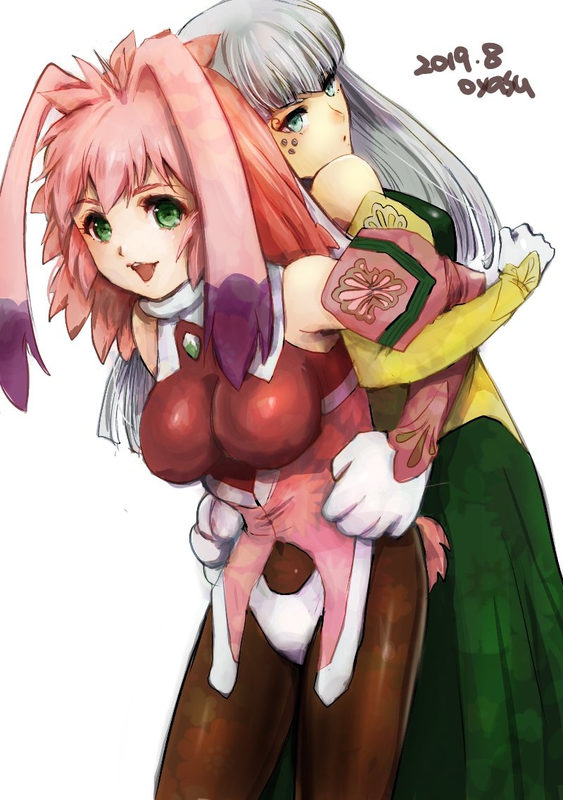 2girls animal_ears blue_eyes breasts dated gloves green_eyes long_hair looking_at_viewer multiple_girls open_mouth pantyhose pink_hair rabbit_ears seraphita_(xenogears) silver_hair simple_background smile tolone_(xenogears) twintails white_background xenogears yamamori_kinako