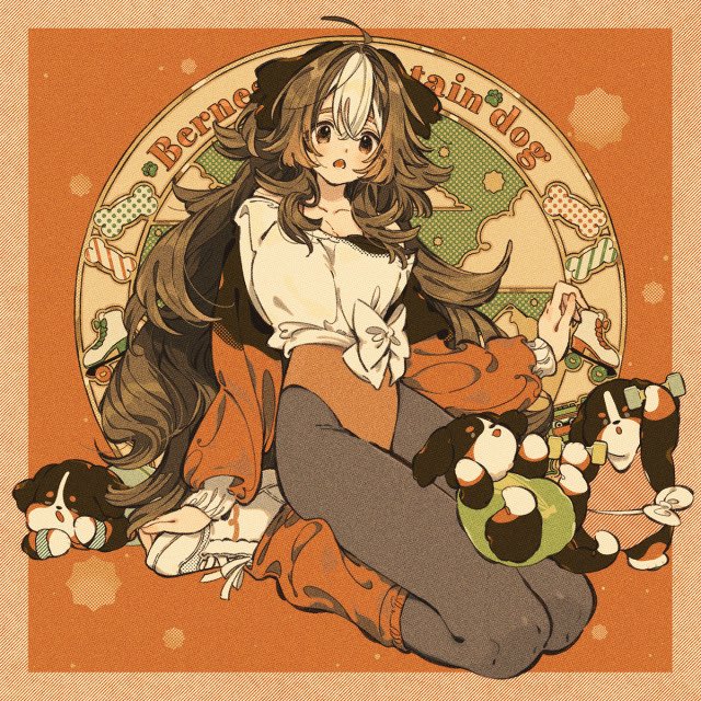 1girl dog hair_between_eyes keishin kneeling long_hair long_sleeves multicolored_hair original two-tone_hair very_long_hair