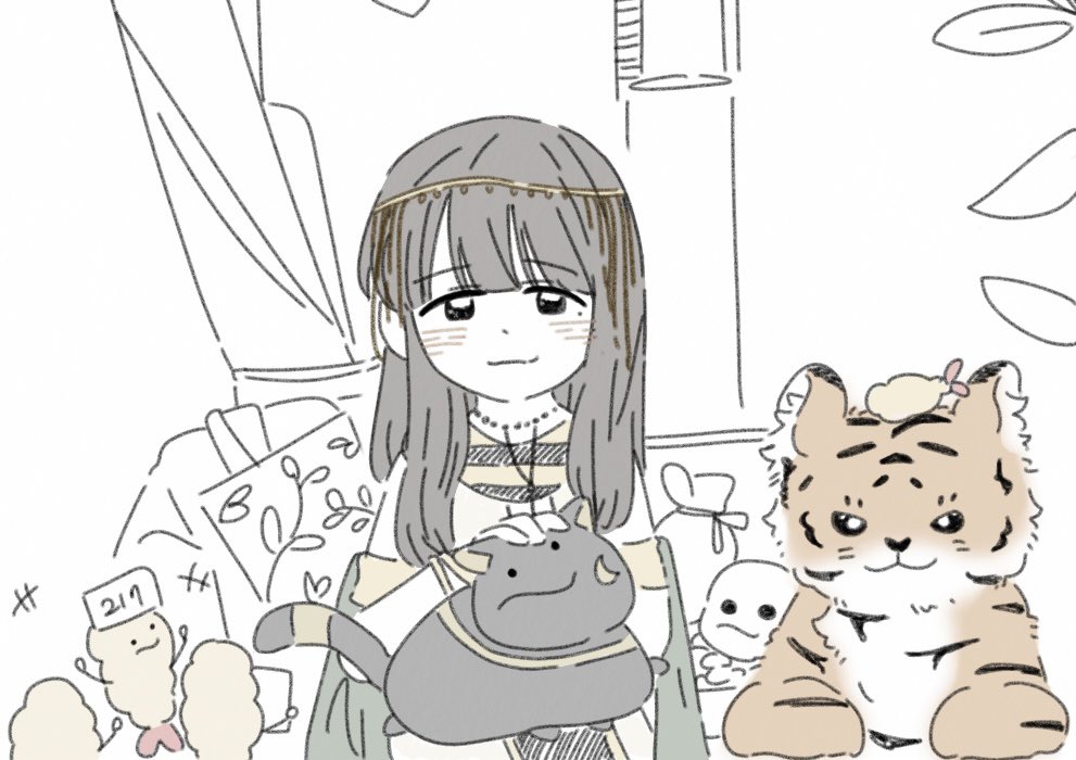 ._. 1girl 217find! animal animification black_cat black_hair blush cat child&#039;s_drawing cleopatra cleopatra_(cosplay) closed_mouth commentary cosplay food hanamiya_nina holding holding_animal holding_cat mole mole_under_eye real_life shrimp shrimp_tempura smile solo stuffed_animal stuffed_tiger stuffed_toy symbol-only_commentary tempura voice_actor white_background zueka27