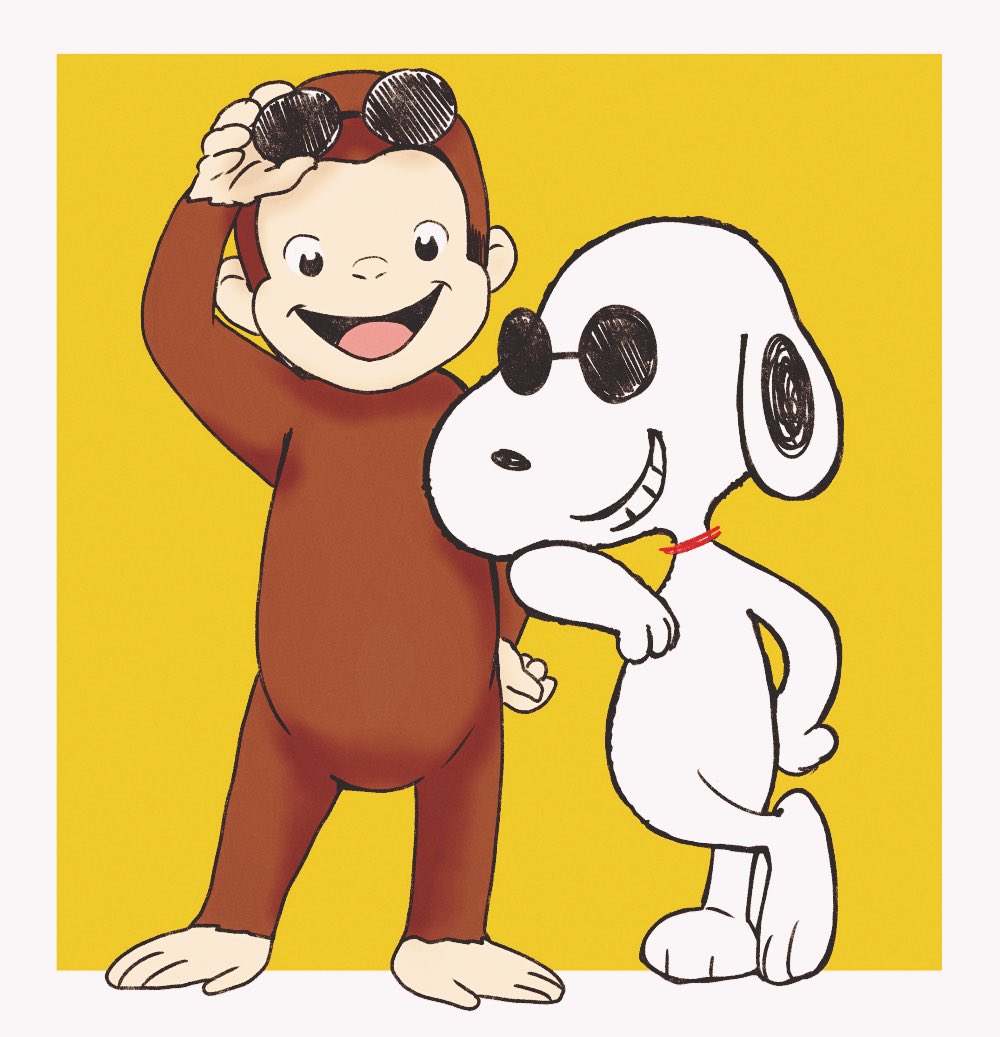 2boys adjusting_eyewear animal_ears animal_focus black_eyes border choker commentary_request crossed_legs crossover curious_george dog dog_ears floppy_ears full_body furry george_(curious_george) grin hand_on_eyewear hand_on_own_hip leaning_on_person looking_at_viewer monkey multiple_boys open_mouth peanuts_(comic) red_choker round_eyewear simple_background smile snoopy straight-on sunglasses white_border witoi_(roa) yellow_background