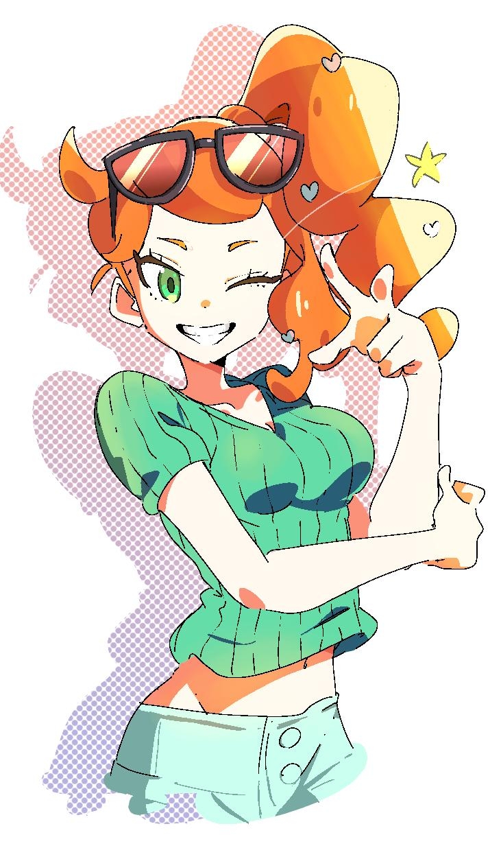 1girl aqua_eyes aqua_shirt black-framed_eyewear bo_illustration breasts collarbone cropped_torso denim eyewear_on_head grin hair_ornament heart heart_hair_ornament highres jeans long_hair medium_breasts midriff nintendo no_coat one_eye_closed orange-tinted_eyewear orange_hair pants pokemon pokemon_swsh ribbed_shirt shirt side_ponytail smile solo sonia_(pokemon) sunglasses swept_bangs tinted_eyewear v-neck wavy_hair
