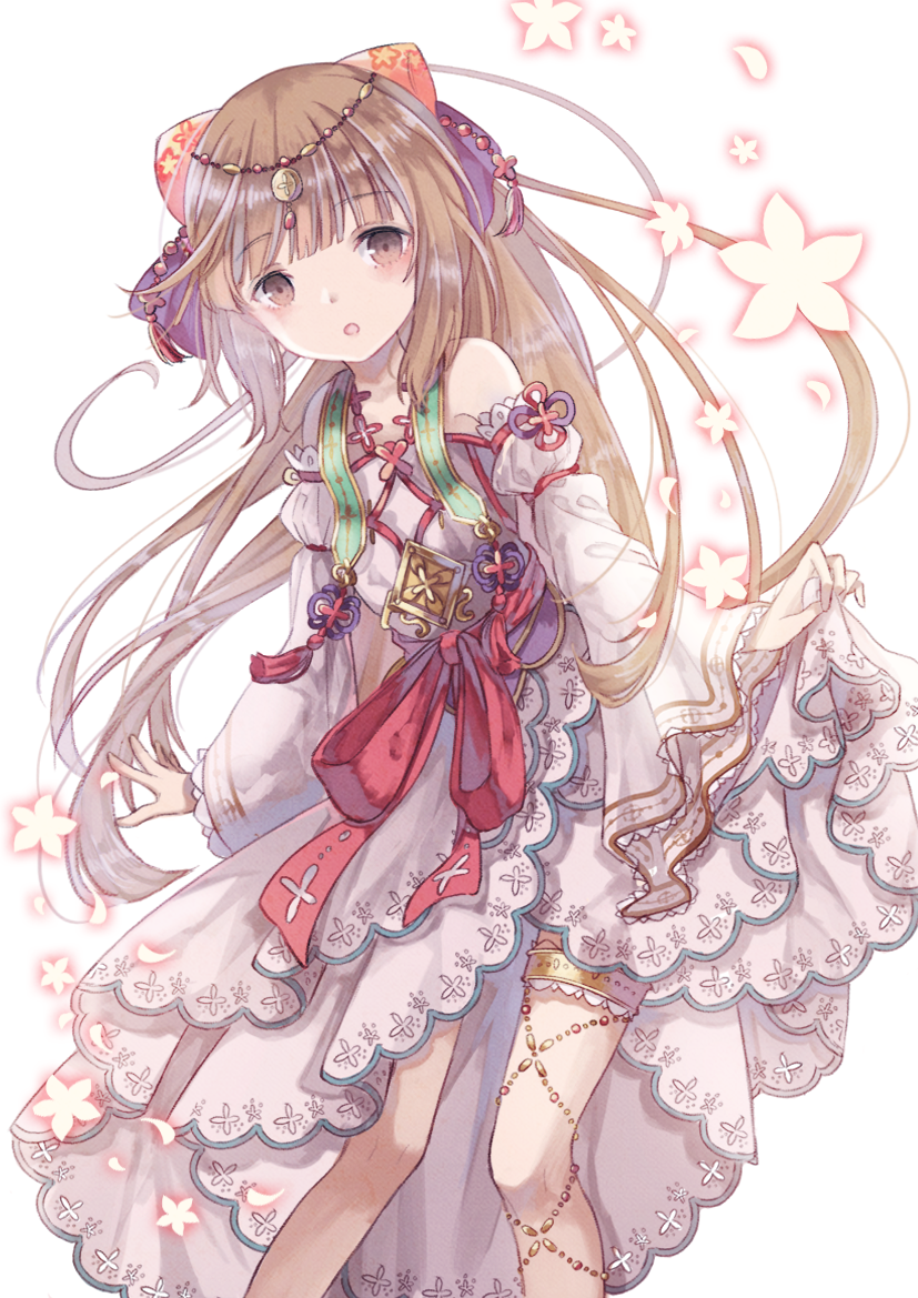 10s 1girl :o bad_id bad_pixiv_id blush brown_hair clothes_lift commentary_request dress dress_lift female_focus hair_ornament hime_cut idolmaster idolmaster_cinderella_girls japanese_clothes jewelry long_hair looking_at_viewer open_mouth oro_ponzu petals ribbon simple_background solo thigh_strap white_background yorita_yoshino