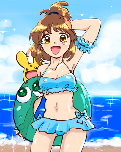 1girl arle_nadja arm_up armpits beach bikini bikini_skirt blue_bikini blue_sky breasts brown_eyes brown_hair carbuncle_(puyopuyo) cloud collarbone compile creature frilled_bikini frills innertube looking_at_viewer lowres madou_monogatari matching_hair/eyes objectification ocean pixiv_id_37513327 ponytail puyo_(puyopuyo) puyopuyo sand sega short_hair sky small_breasts smile solo swim_ring swimsuit water