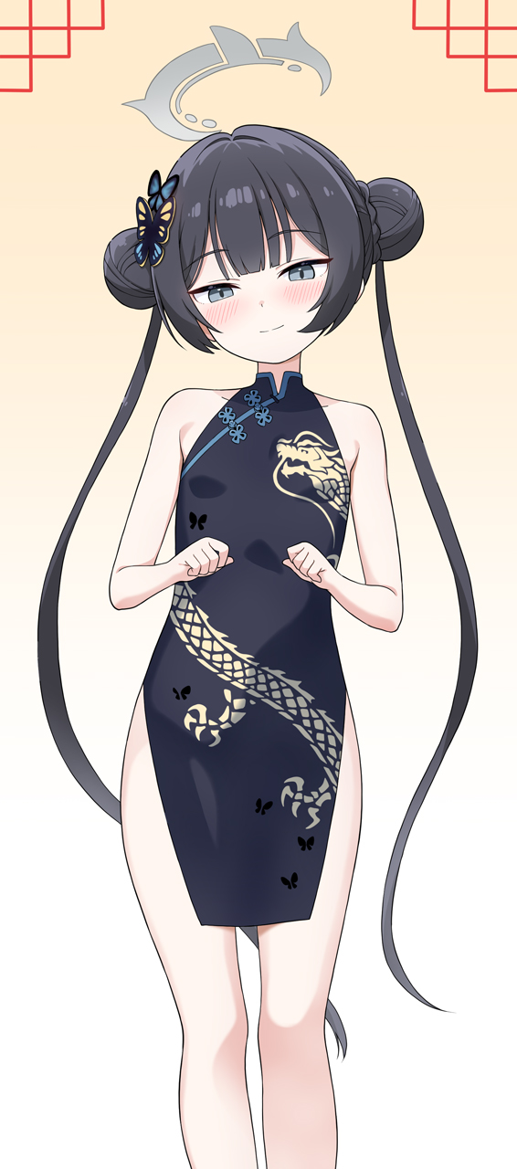 1girl black_dress black_hair blue_archive breasts butterfly_hair_ornament china_dress chinese_clothes closed_mouth dragon_print dress grey_halo hair_ornament halo highres kisaki_(blue_archive) looking_at_viewer sleeveless sleeveless_dress small_breasts smile solo standing thighs twintails yuuma_(skirthike)
