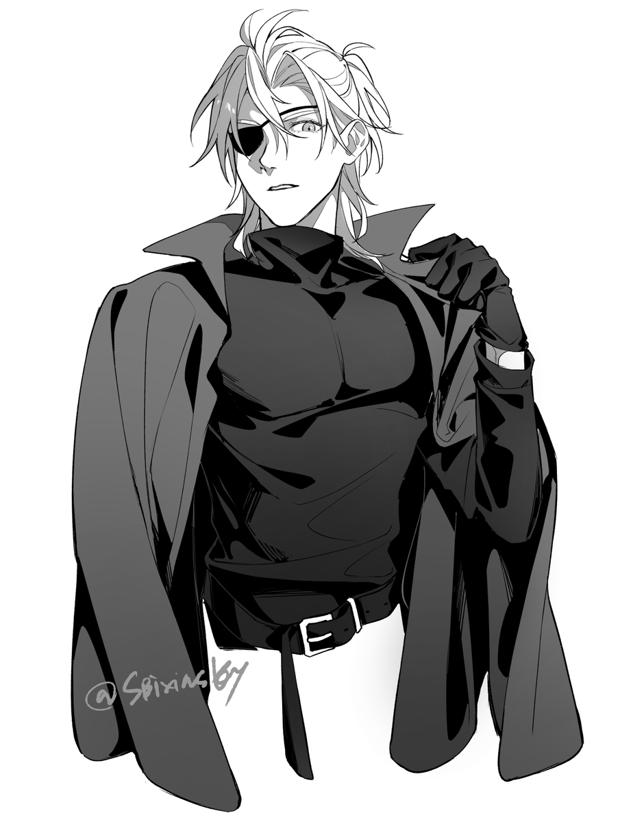 1boy arm_up belt belt_buckle black_belt black_gloves black_shirt buckle collared_jacket cropped_torso dimitri_alexandre_blaiddyd eyepatch fire_emblem fire_emblem:_three_houses gloves greyscale gripping_clothes hair_between_eyes highres jacket long_sleeves looking_ahead male_focus monochrome nintendo one_eye_covered open_clothes open_jacket ponytail sb_(sbixinsky) shirt short_ponytail simple_background solo turtleneck twitter_username white_background