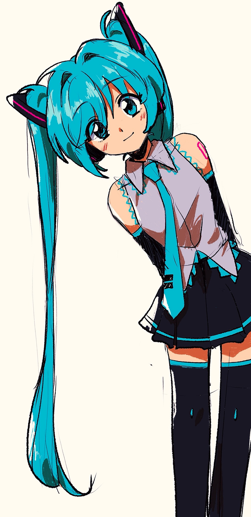 1girl aqua_eyes aqua_hair aqua_necktie arms_behind_back bare_shoulders black_shoes black_skirt boots collared_shirt commentary detached_sleeves feet_out_of_frame grey_shirt hair_intakes hair_ornament hatsune_miku highres leaning_to_the_side light_blush light_smile long_hair looking_at_viewer necktie number_tattoo nzeneee shirt shoes simple_background skirt solo standing tattoo thigh_boots twintails vocaloid white_background