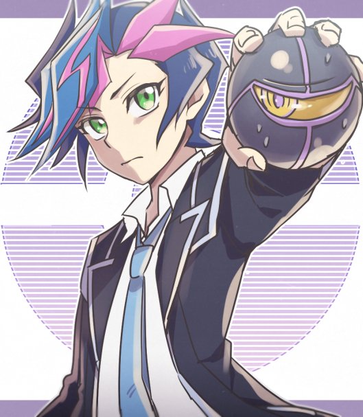 1boy 1other ai_(yu-gi-oh!) alternate_form arm_at_side ball black_jacket blazer blue_hair blue_necktie border colored_bangs creatures_(company) dress_shirt facing_to_the_side fujiki_yusaku game_freak green_eyes half-closed_eye holding holding_ball jacket looking_at_another looking_to_the_side loose_necktie male_focus necktie nintendo non-humanoid_robot open_clothes open_jacket outstretched_arm parody pokemon purple_background purple_border robot sanagi_2 school_uniform shirt solid_circle_eyes solid_eyes spiked_hair striped_background sweat white_background white_shirt yellow_eyes yu-gi-oh! yu-gi-oh!_vrains