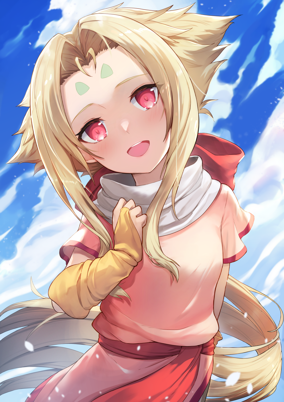 1girl blonde_hair blue_sky blush day dress facial_mark fingerless_gloves fiona_(zoids) forehead_mark gloves hair_ornament hair_ribbon highres long_hair looking_at_viewer open_mouth outdoors pink_dress ponytail red_eyes ribbon rui_rubellent sky smile solo zoids